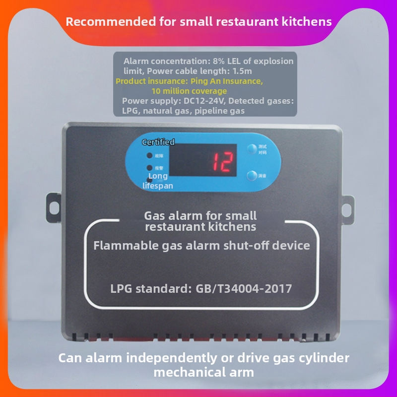 Alarmă de gaze pentru gaze combustibile – 12–24 VDC, curent de alarmă 0,8 A, rază de detecție 1,5 m, Model: Alarmă mică pentru bucătării de restaurante