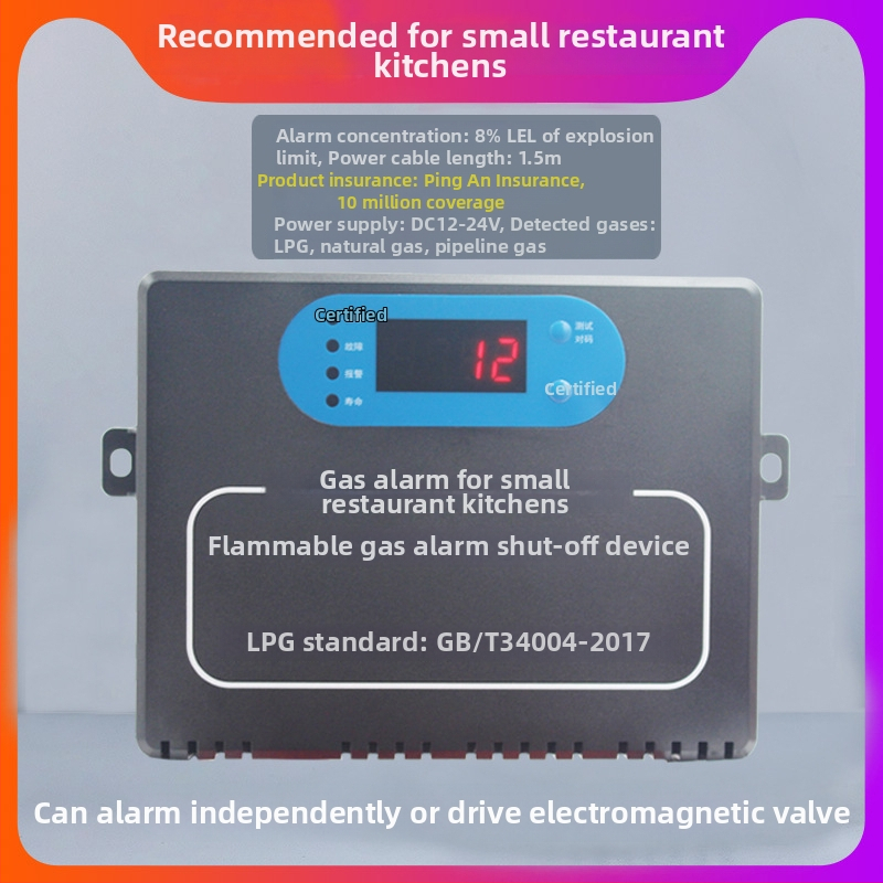 Alarmă de gaze pentru gaze combustibile – 12–24 VDC, curent de alarmă 0,8 A, rază de detecție 1,5 m, Model: Alarmă mică pentru bucătării de restaurante