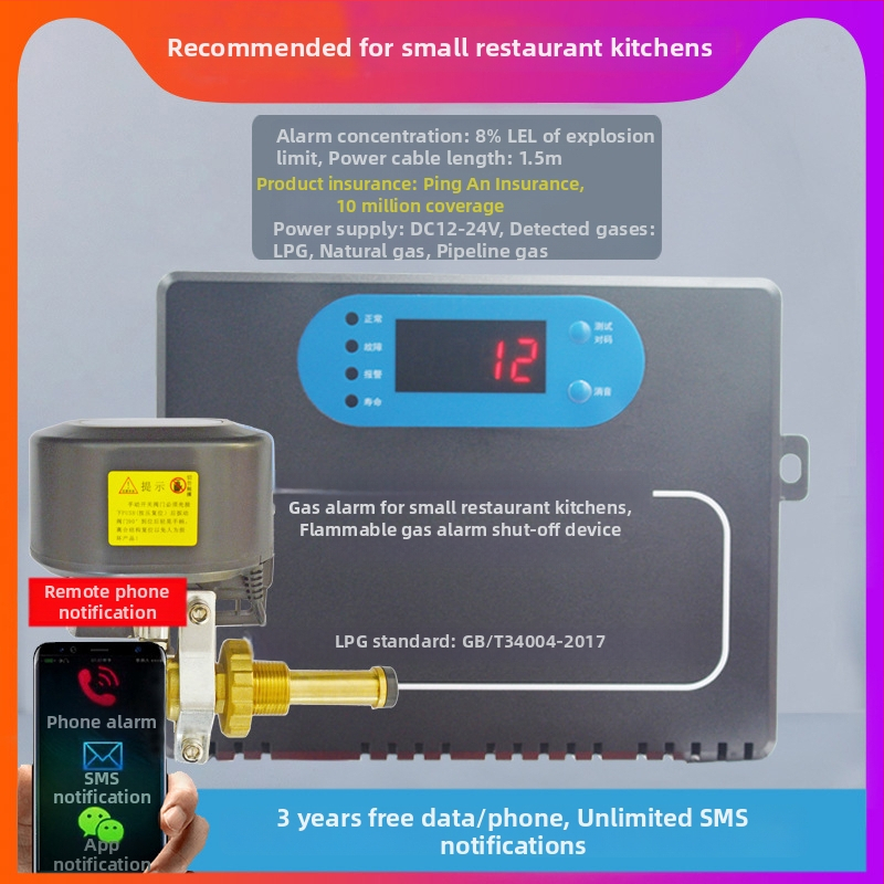 Alarmă de gaze pentru gaze combustibile – 12–24 VDC, curent de alarmă 0,8 A, rază de detecție 1,5 m, Model: Alarmă mică pentru bucătării de restaurante