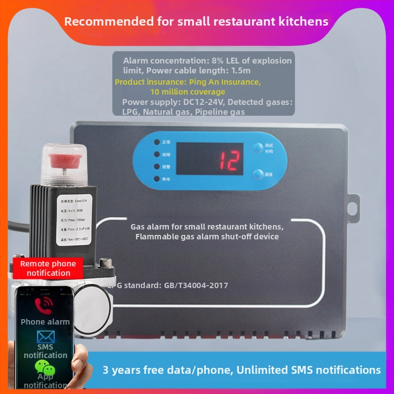 Alarmă de gaze pentru gaze combustibile – 12–24 VDC, curent de alarmă 0,8 A, rază de detecție 1,5 m, Model: Alarmă mică pentru bucătării de restaurante