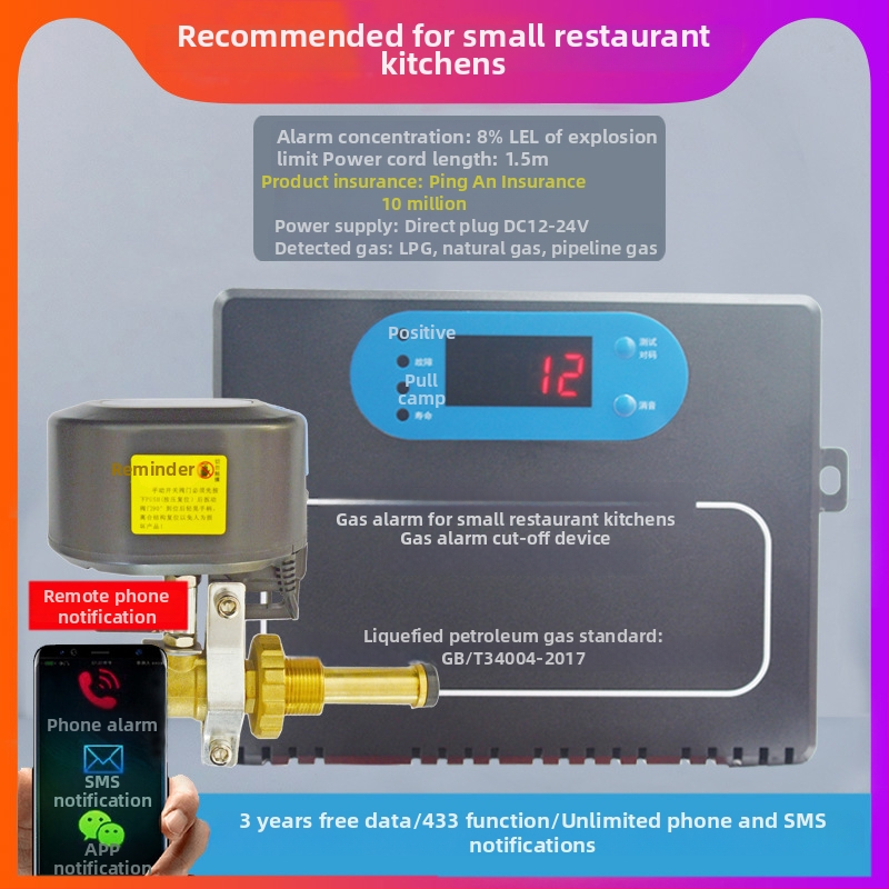 Alarmă de gaze pentru gaze combustibile – 12–24 VDC, curent de alarmă 0,8 A, rază de detecție 1,5 m, Model: Alarmă mică pentru bucătării de restaurante