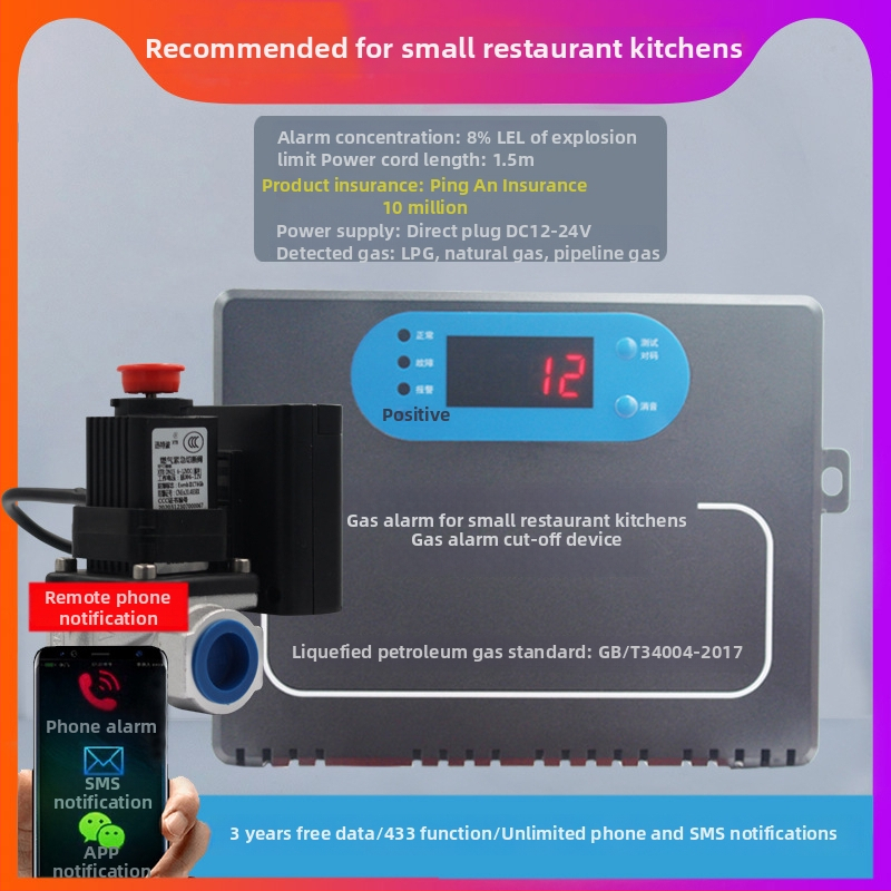 Alarmă de gaze pentru gaze combustibile – 12–24 VDC, curent de alarmă 0,8 A, rază de detecție 1,5 m, Model: Alarmă mică pentru bucătării de restaurante