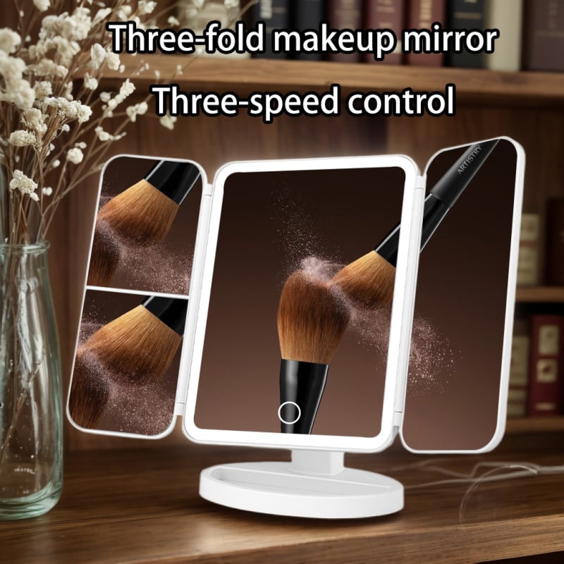 Morning Makeup hordozható, újratölthető LED smink tükör, 360°-os állítható, háromoldalas összecsukható héj, ABS keret