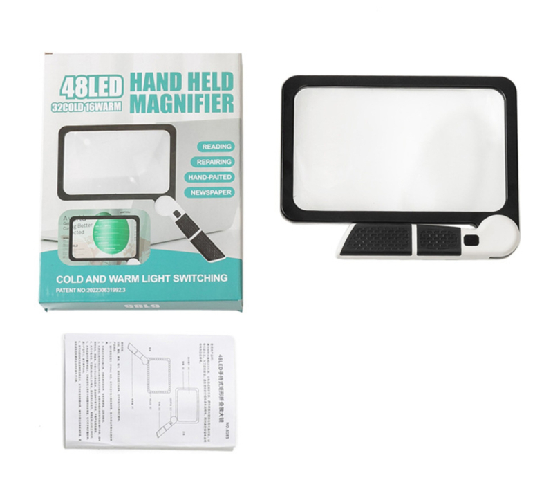 Kvadratna ručna sklopiva povećala s LED svjetlom i Fresnelovim lećama za čitanje novina starijim osobama (Podrijetlo: Zhejiang; Marka: Independence; Uvoz: Ne)