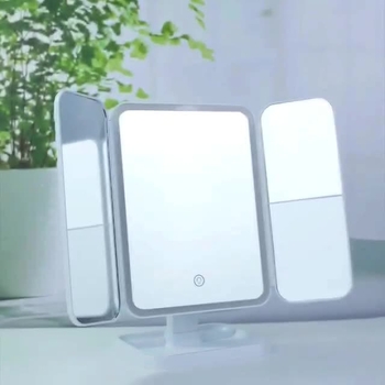 LED világítással ellátott sminktükör, háromrészes összecsukható asztali tükör, hordozható, kagyló alakú design, újratölthető