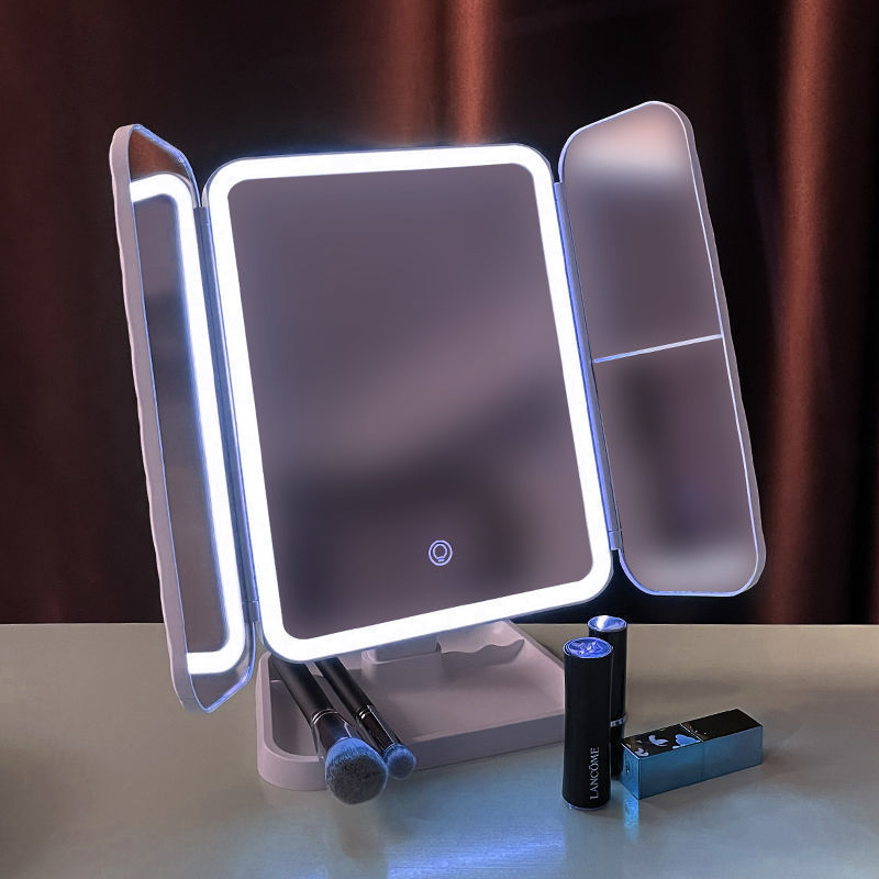 LED világítással ellátott sminktükör, háromrészes összecsukható asztali tükör, hordozható, kagyló alakú design, újratölthető