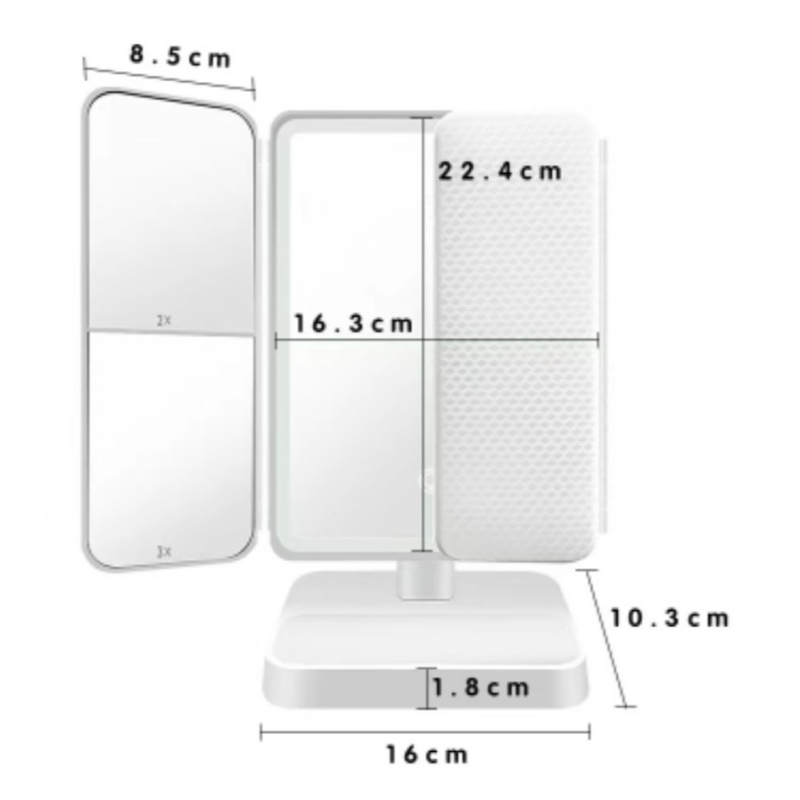 LED világítással ellátott sminktükör, háromrészes összecsukható asztali tükör, hordozható, kagyló alakú design, újratölthető