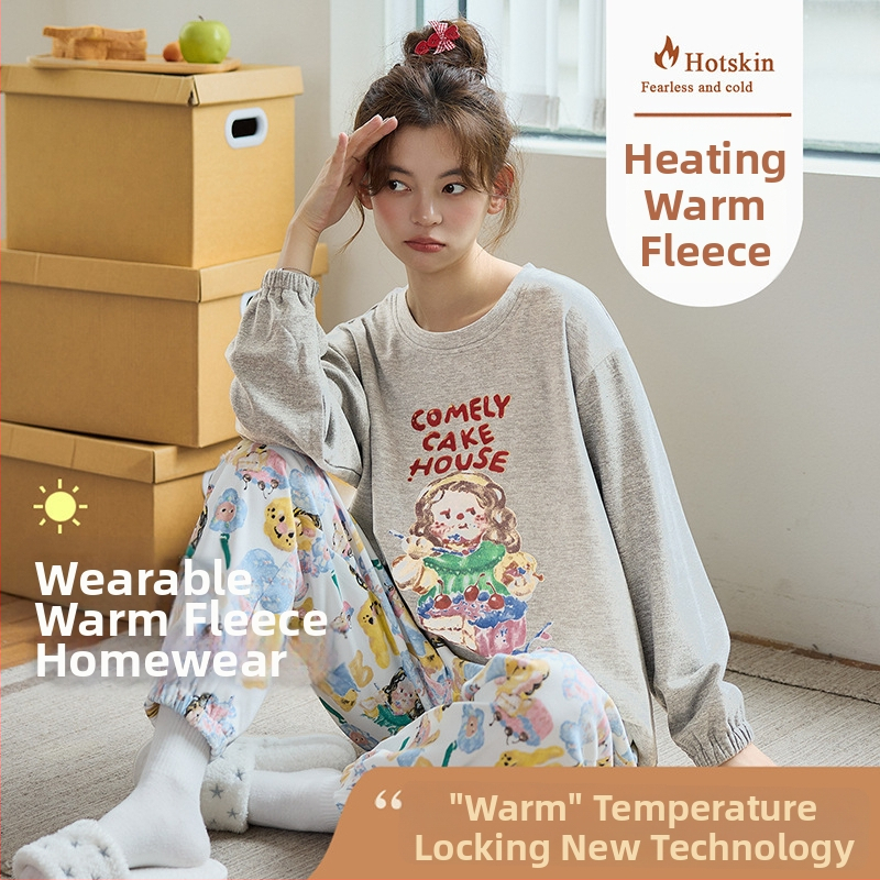 Ženski set pidžama od ribbed velvet, s kapuljom i cartoon dizajnom, topao i deblji, 201-250 g/m², okrugli izrez, dugi rukavi, hlače