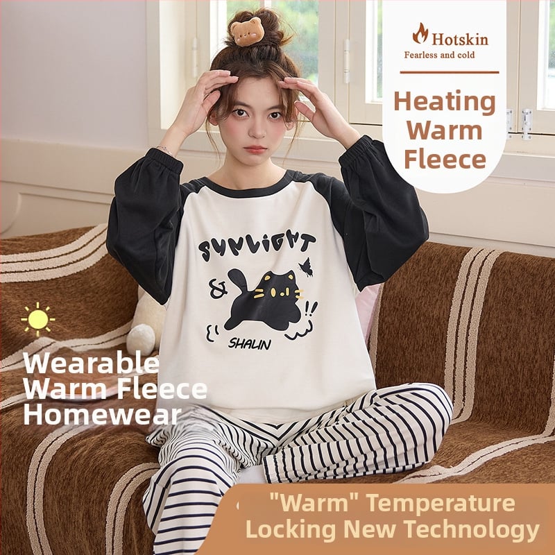 Ženski set pidžama od ribbed velvet, s kapuljom i cartoon dizajnom, topao i deblji, 201-250 g/m², okrugli izrez, dugi rukavi, hlače