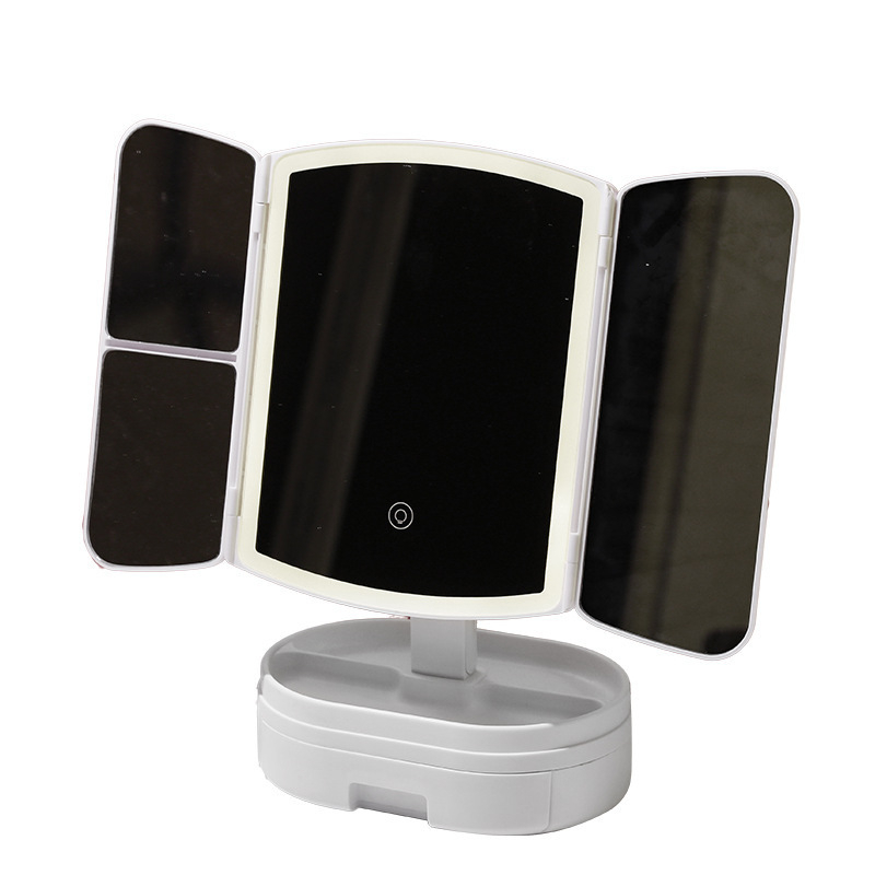 LED ogledalo za šminkanje na stolu, trostrani sklopivi dizajn, dodirni senzor, povećavajuće ogledalo s 180° rotacijom