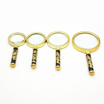 Didinamoji lupa su išgraviruota drakono ir fenikso rankena, 4× didinimas, stiklo lęšiai, apvalus rėmas, tinkama vyresnio amžiaus asmenims