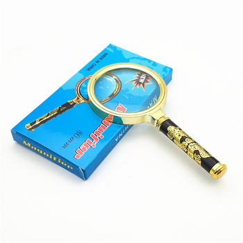 Didinamoji lupa su išgraviruota drakono ir fenikso rankena, 4× didinimas, stiklo lęšiai, apvalus rėmas, tinkama vyresnio amžiaus asmenims