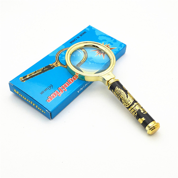 Didinamoji lupa su išgraviruota drakono ir fenikso rankena, 4× didinimas, stiklo lęšiai, apvalus rėmas, tinkama vyresnio amžiaus asmenims