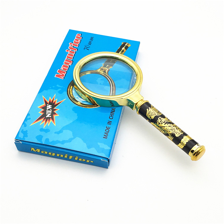 Didinamoji lupa su išgraviruota drakono ir fenikso rankena, 4× didinimas, stiklo lęšiai, apvalus rėmas, tinkama vyresnio amžiaus asmenims