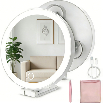 Deshimei LED kozmetičko ogledalo s usisnom čašicom i povećalom, ABS okvir, aluminijska leća, 1000 mAh baterija