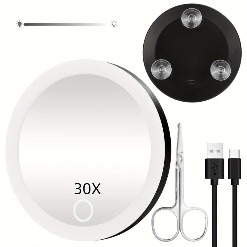 Új 6 hüvelykes sminktükör LED világítással, 10x/20x/30x nagyítással, újratölthető, szívócsésze rögzítés, fúrás nélkül.