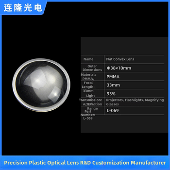 PMMA šošovka pre zapaľovač a projektor, plano-konvexný dizajn, ohnisková vzdialenosť 12.5 mm, lúč 6–60°, priepustnosť 90%, model L-069