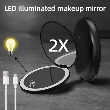 Összecsukható LED sminktükör 2x/5x/10x nagyítással, kör alakú