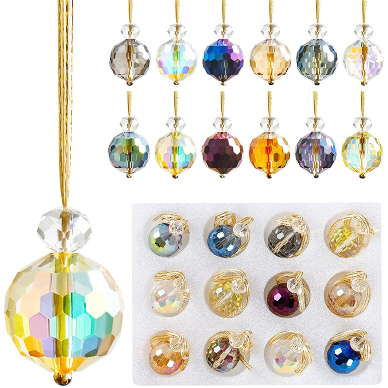 12-dijelna multicolor kristalna kugla za ukrase - staklena prizma, mini kristalni privjesci, Lori brand, osvjetljenje, kartonsko pakiranje, moderni minimalistički stil