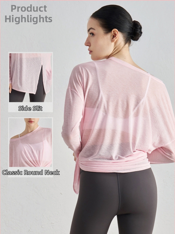 Ženský jóga pokrývkový top s dlhým rukávom, voľný strih, slub priadza, ľahká tkanina, 100% polyester, s rozparkom na spodnom leme