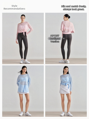 Ženský jóga pokrývkový top s dlhým rukávom, voľný strih, slub priadza, ľahká tkanina, 100% polyester, s rozparkom na spodnom leme