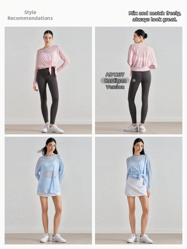 Ženský jóga pokrývkový top s dlhým rukávom, voľný strih, slub priadza, ľahká tkanina, 100% polyester, s rozparkom na spodnom leme