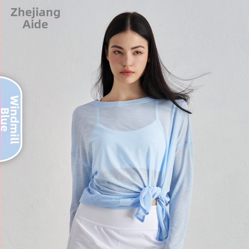 Ženský jóga pokrývkový top s dlhým rukávom, voľný strih, slub priadza, ľahká tkanina, 100% polyester, s rozparkom na spodnom leme