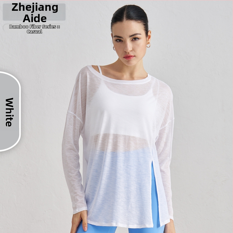 Ženský jóga pokrývkový top s dlhým rukávom, voľný strih, slub priadza, ľahká tkanina, 100% polyester, s rozparkom na spodnom leme