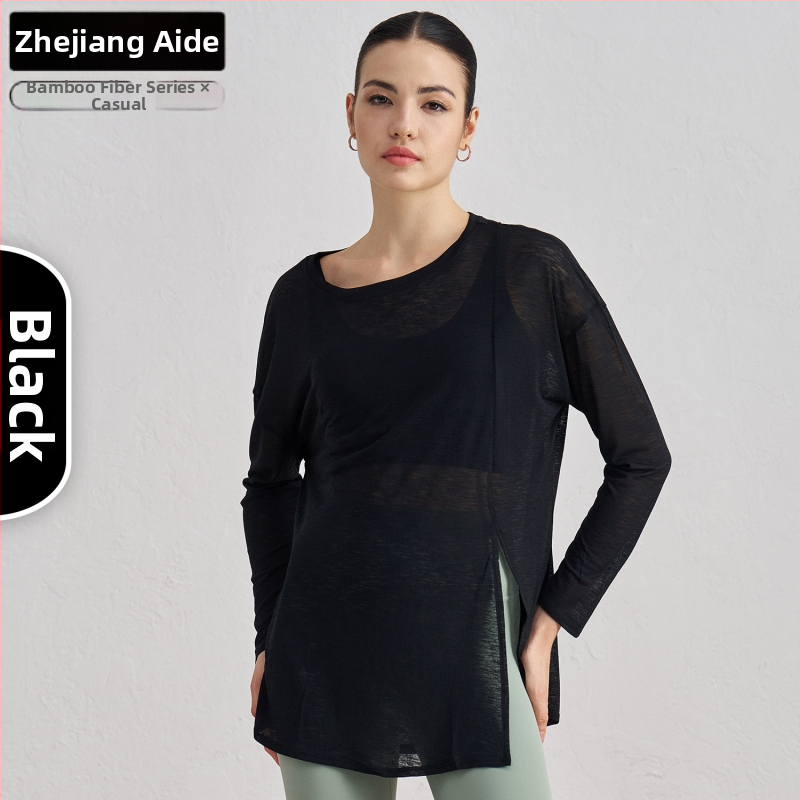 Ženský jóga pokrývkový top s dlhým rukávom, voľný strih, slub priadza, ľahká tkanina, 100% polyester, s rozparkom na spodnom leme