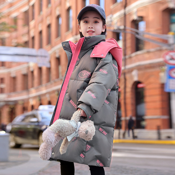 Geacă de copii cu glugă, lungime medie, umplutură groasă din puf de rață, stil coreean, croială lejeră