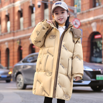 Geacă de copii cu glugă, lungime medie, umplutură groasă din puf de rață, stil coreean, croială lejeră