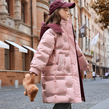 Geacă de copii cu glugă, lungime medie, umplutură groasă din puf de rață, stil coreean, croială lejeră