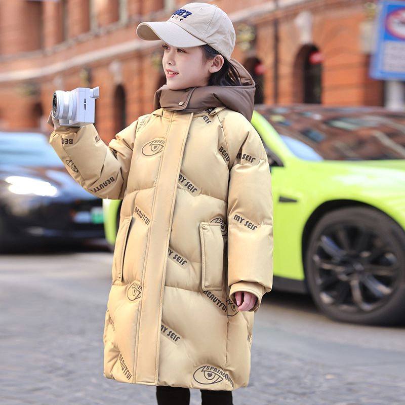 Geacă de copii cu glugă, lungime medie, umplutură groasă din puf de rață, stil coreean, croială lejeră