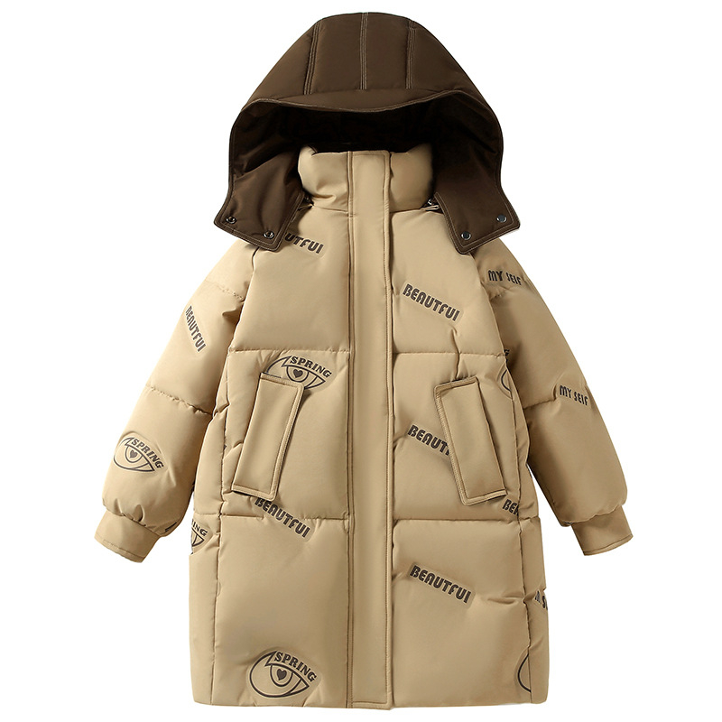 Geacă de copii cu glugă, lungime medie, umplutură groasă din puf de rață, stil coreean, croială lejeră