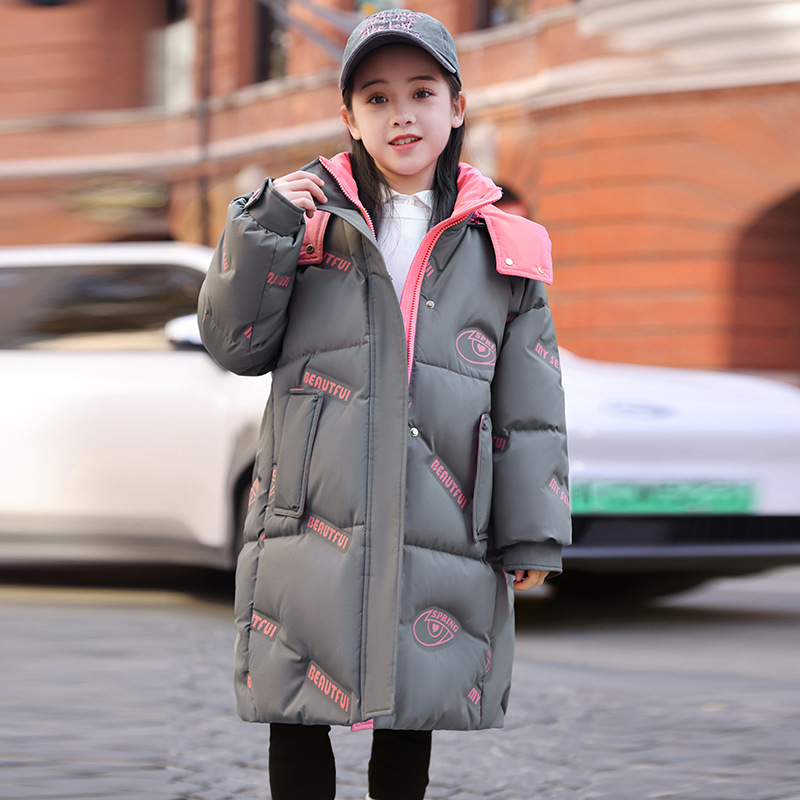 Geacă de copii cu glugă, lungime medie, umplutură groasă din puf de rață, stil coreean, croială lejeră