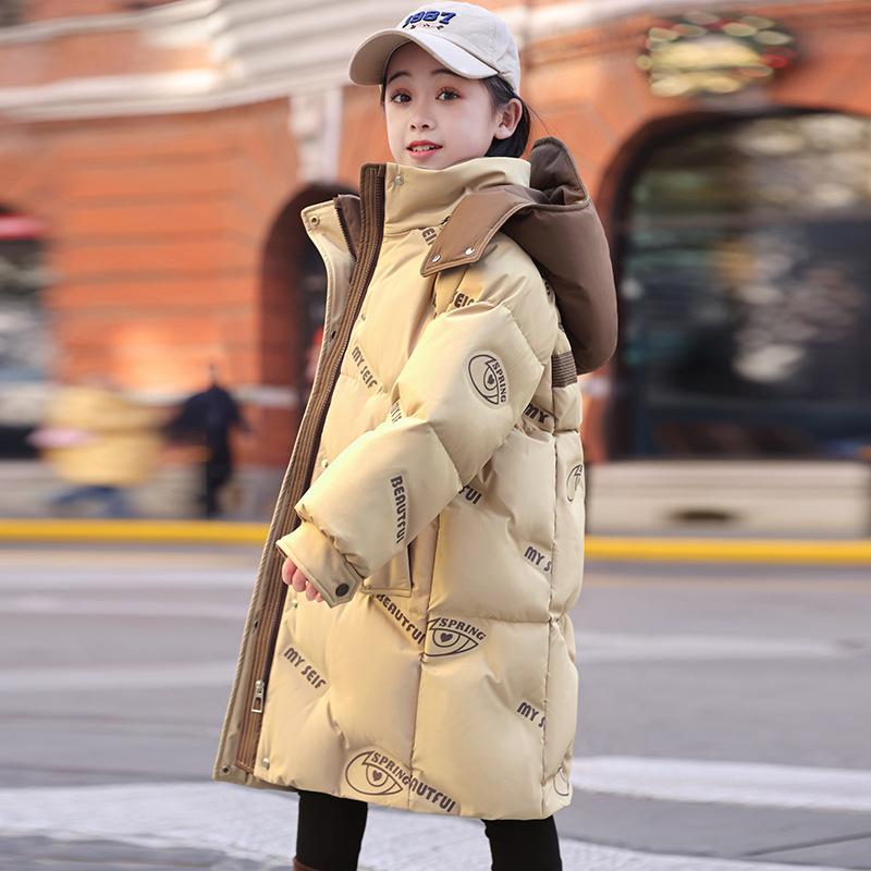 Geacă de copii cu glugă, lungime medie, umplutură groasă din puf de rață, stil coreean, croială lejeră