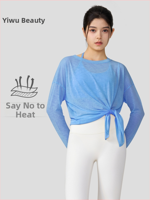 Légiesebb slub szövetes jóga felső hosszú ujjú, laza szabású, csípőig érő, gyorsan száradó, nyár 2025 kiadás