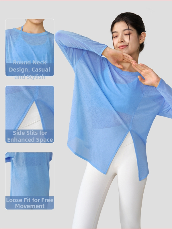 Légiesebb slub szövetes jóga felső hosszú ujjú, laza szabású, csípőig érő, gyorsan száradó, nyár 2025 kiadás