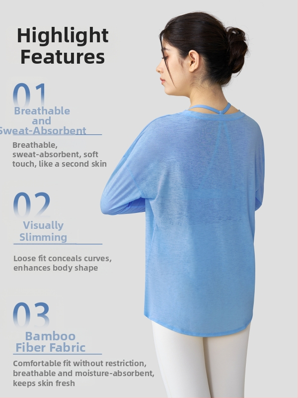 Légiesebb slub szövetes jóga felső hosszú ujjú, laza szabású, csípőig érő, gyorsan száradó, nyár 2025 kiadás