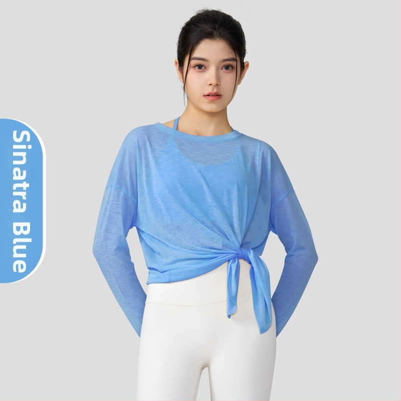 Légiesebb slub szövetes jóga felső hosszú ujjú, laza szabású, csípőig érő, gyorsan száradó, nyár 2025 kiadás