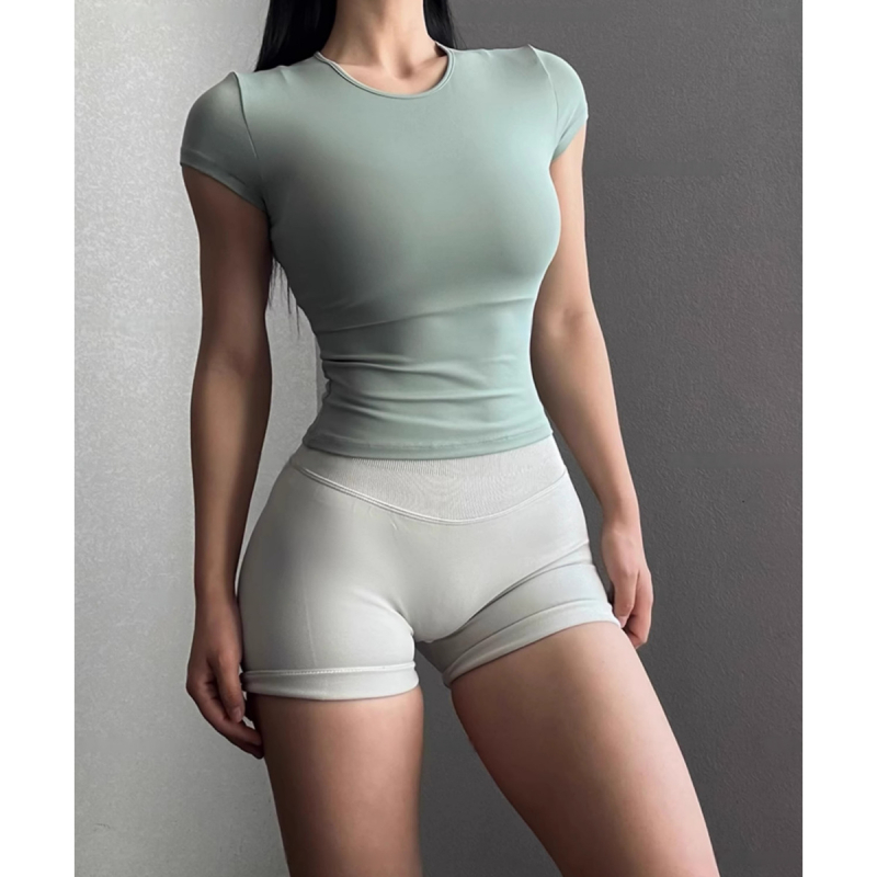 Szűk fazonú rövid ujjú sportos felső futáshoz és jógaedzéshez, derékvonal kiemelve