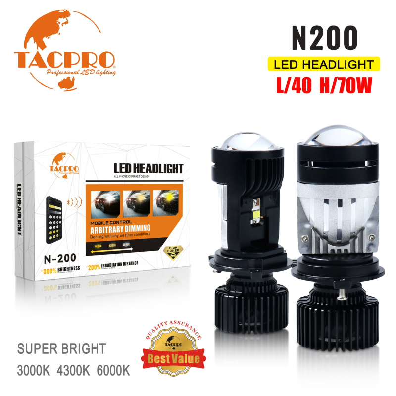 Tacpro H4 LED prednje svjetlo za automobil s trifokalnom lećom, 70W, 12-24V, 5000lm, upravljanje putem aplikacije, fisheye svjetlo