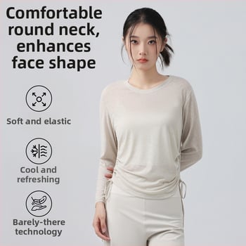 Γυναικείο μακρυμάνικο τοπ γιόγκα με κορδόνι, φαρδιά γραμμή, μήκος μέχρι τους γοφούς, ύφασμα πολυεστέρα, αναπνεόμενο και γρήγορο στέγνωμα — Φθινόπωρο 2025