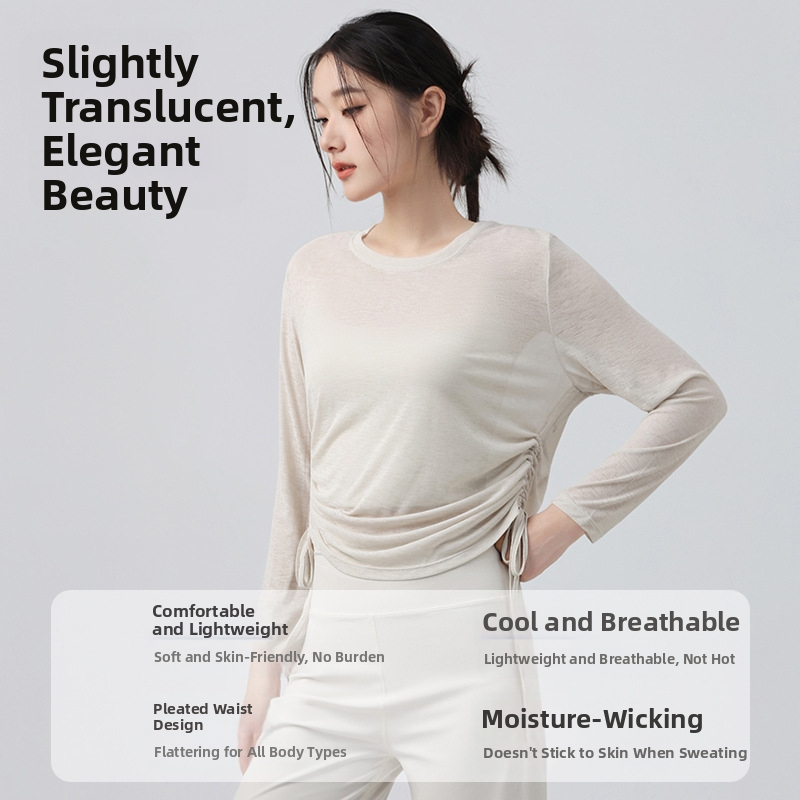 Dámske jogové top s dlhým rukávom so šnúrkou, voľný strih, dĺžka do bokov, 100% polyester, priedušné a rýchloschnúce — Jeseň 2025