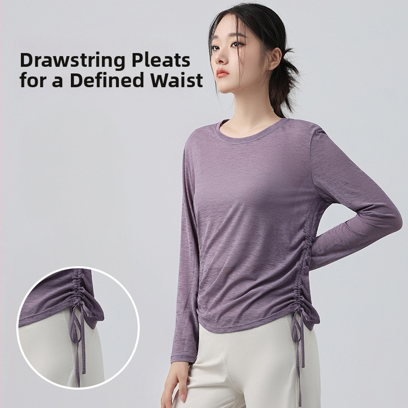 Dámske jogové top s dlhým rukávom so šnúrkou, voľný strih, dĺžka do bokov, 100% polyester, priedušné a rýchloschnúce — Jeseň 2025