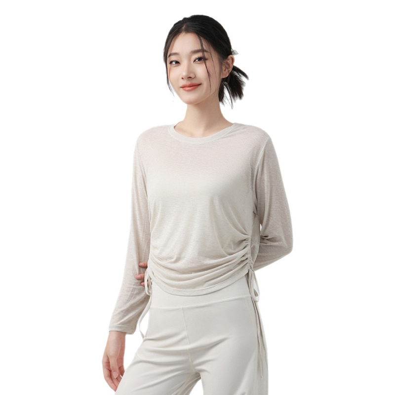 Γυναικείο μακρυμάνικο τοπ γιόγκα με κορδόνι, φαρδιά γραμμή, μήκος μέχρι τους γοφούς, ύφασμα πολυεστέρα, αναπνεόμενο και γρήγορο στέγνωμα — Φθινόπωρο 2025