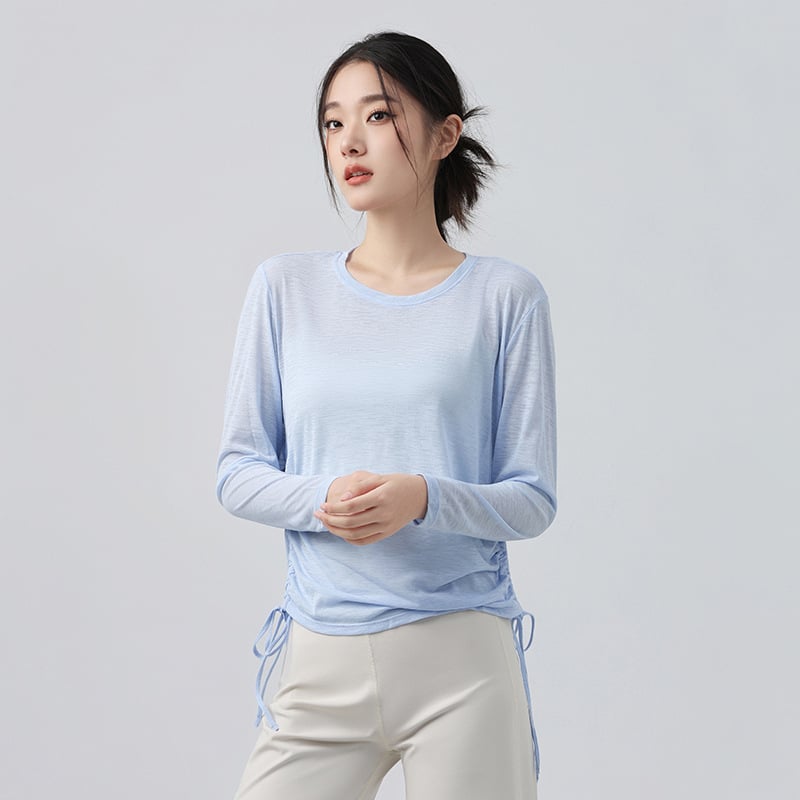 Γυναικείο μακρυμάνικο τοπ γιόγκα με κορδόνι, φαρδιά γραμμή, μήκος μέχρι τους γοφούς, ύφασμα πολυεστέρα, αναπνεόμενο και γρήγορο στέγνωμα — Φθινόπωρο 2025