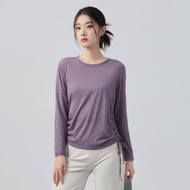 Γυναικείο μακρυμάνικο τοπ γιόγκα με κορδόνι, φαρδιά γραμμή, μήκος μέχρι τους γοφούς, ύφασμα πολυεστέρα, αναπνεόμενο και γρήγορο στέγνωμα — Φθινόπωρο 2025