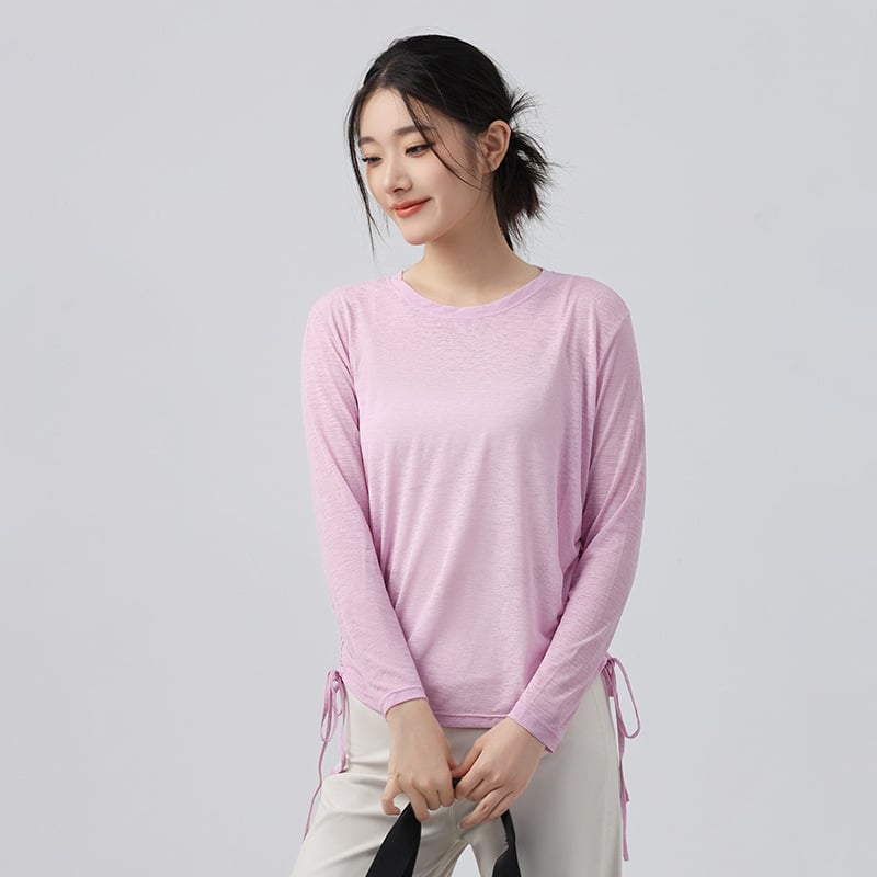 Γυναικείο μακρυμάνικο τοπ γιόγκα με κορδόνι, φαρδιά γραμμή, μήκος μέχρι τους γοφούς, ύφασμα πολυεστέρα, αναπνεόμενο και γρήγορο στέγνωμα — Φθινόπωρο 2025