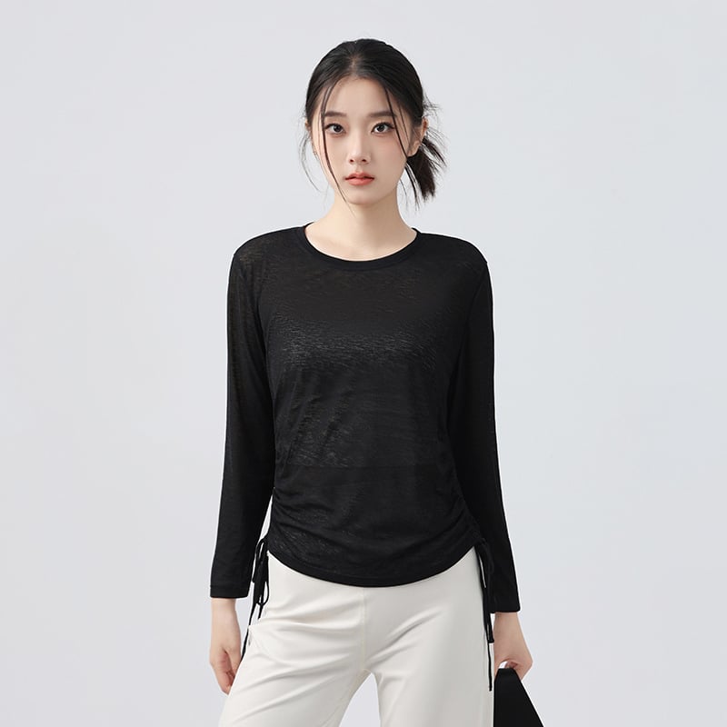 Γυναικείο μακρυμάνικο τοπ γιόγκα με κορδόνι, φαρδιά γραμμή, μήκος μέχρι τους γοφούς, ύφασμα πολυεστέρα, αναπνεόμενο και γρήγορο στέγνωμα — Φθινόπωρο 2025